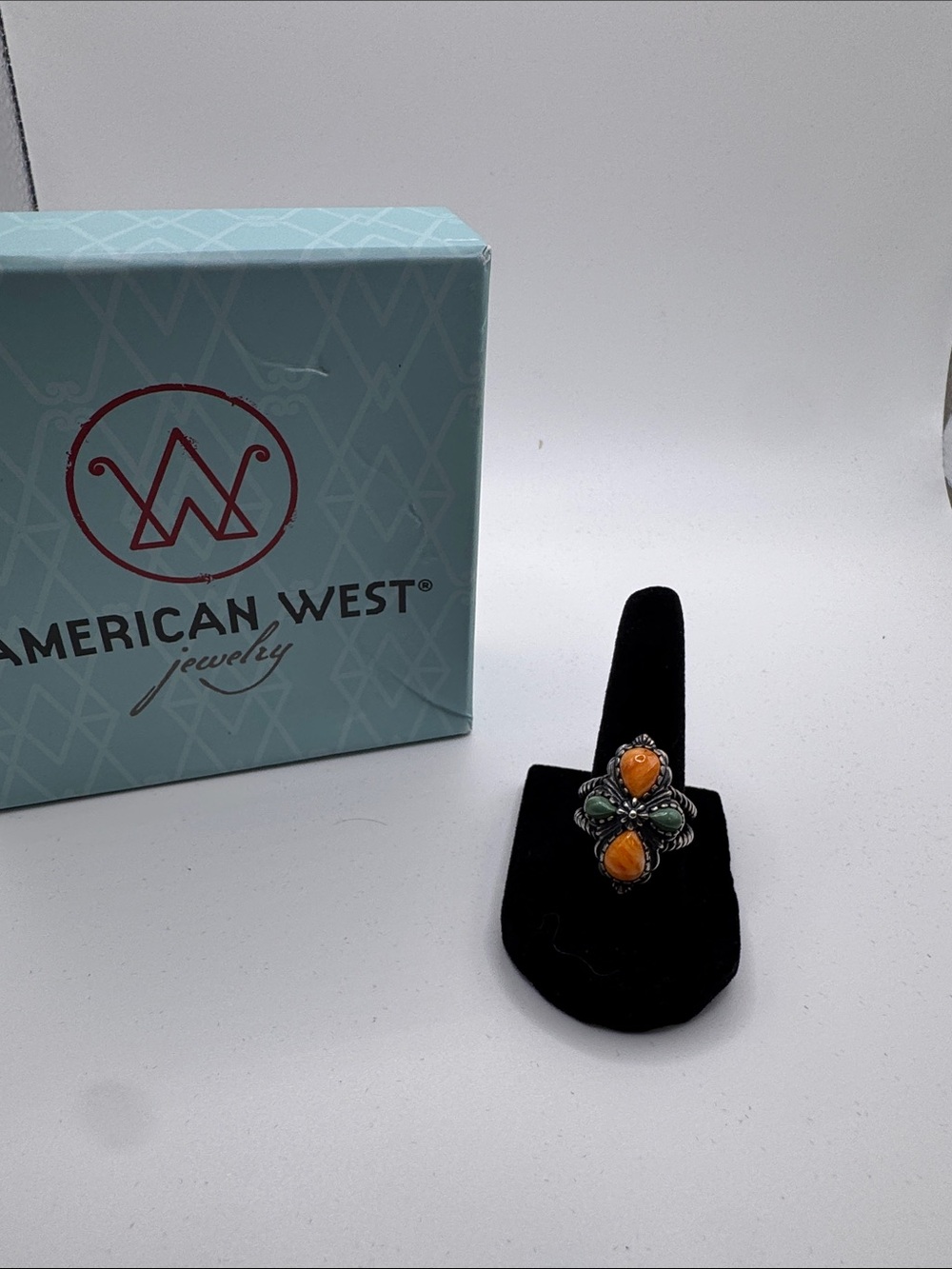 American West Orange and Green Stone Silver-Tone Floral Ring
